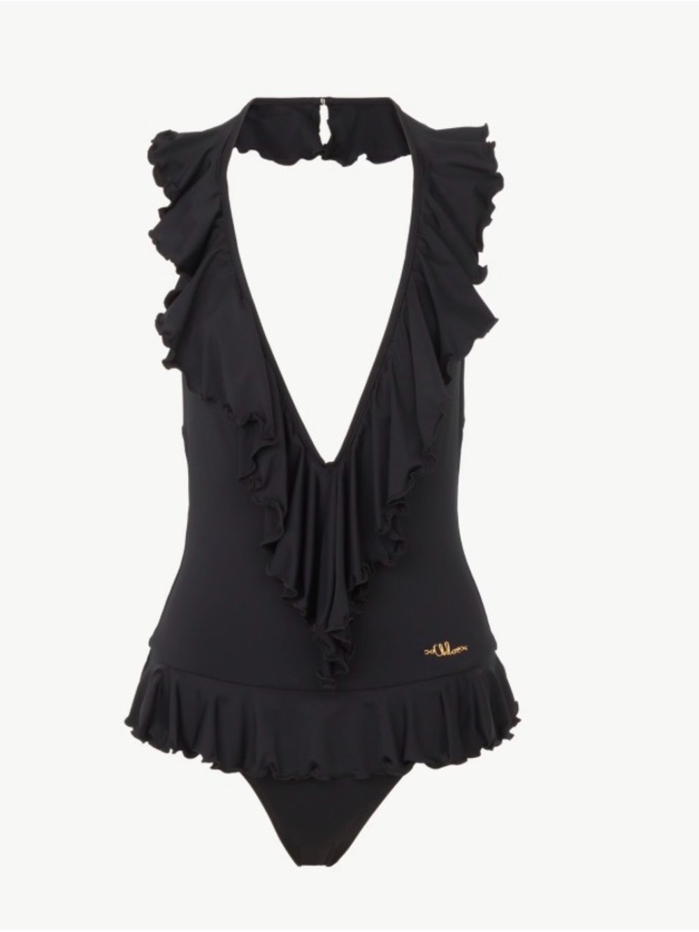 Chloe Ruffled Deep V One-Piece Swimsuit - Black, FR34 (XS/S)